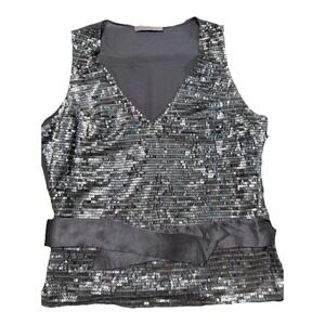 WRAP Evening‎ Blouse Sequin Silver Gray Satin Sash Belt Size Medium Disco Glam